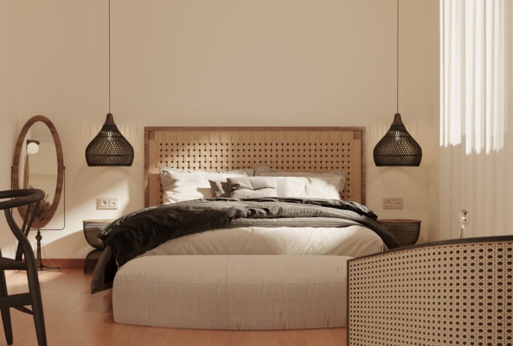Minimalist bedroom suite at Bello Blu in Greece, with clean lines, modern decor, and natural lighting.