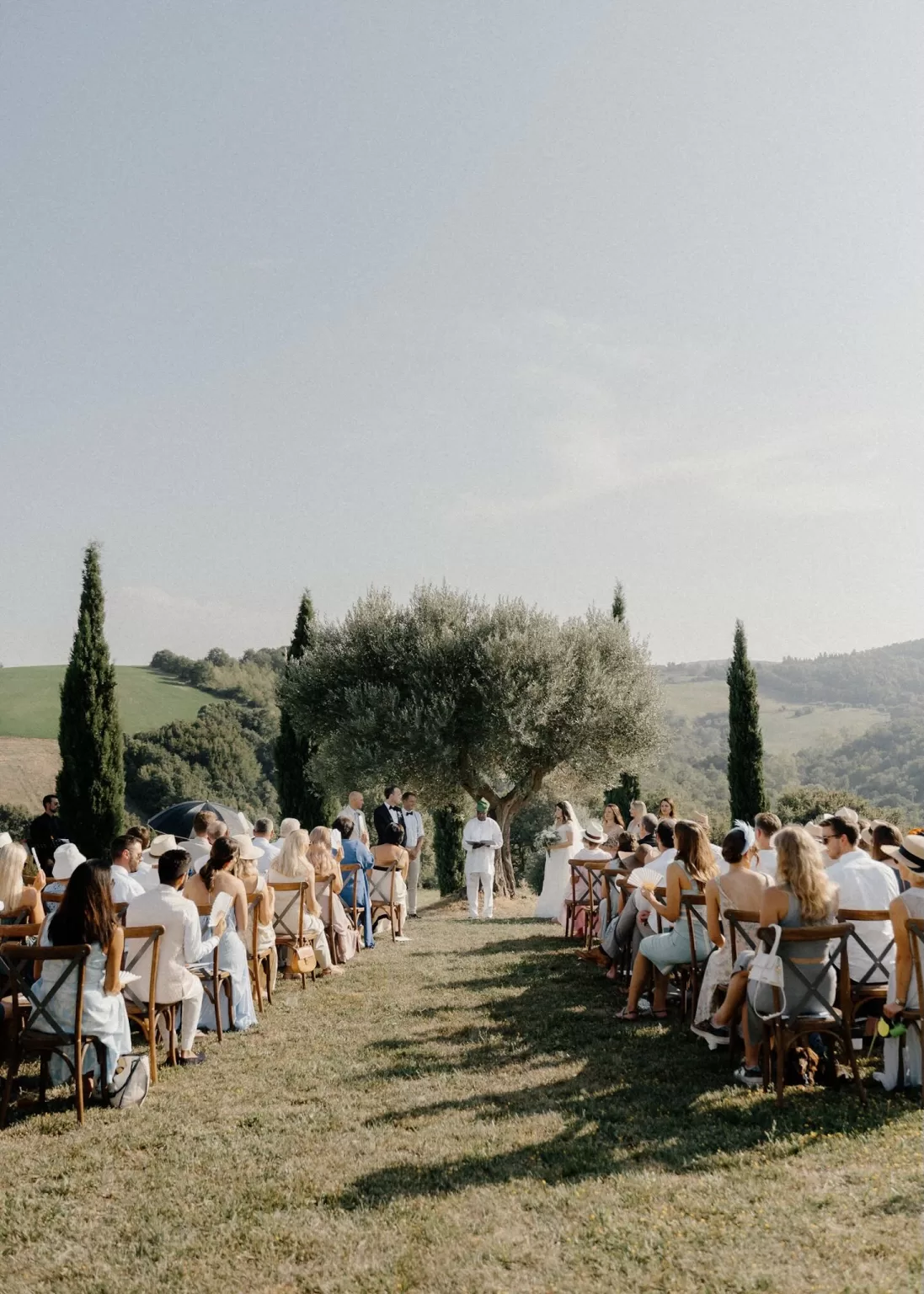 Intimate outdoor wedding ceremony setup under olive tree at Casa Olivi