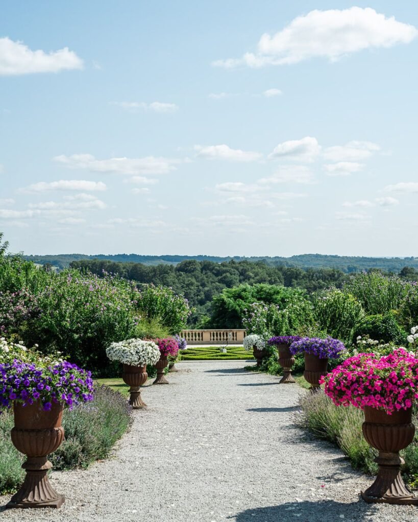 Scenic garden pathway lined with colorful flower arrangements, overlooking lush countryside at Domaine d'Essendiéras.