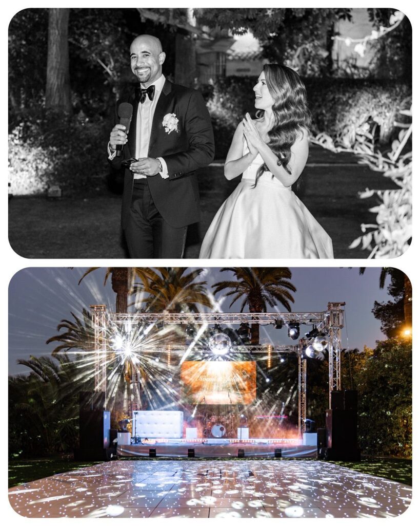 A newlywed couple sharing an intimate moment in the beautiful gardens of Finca La Concepción, shot by Nora Photography.