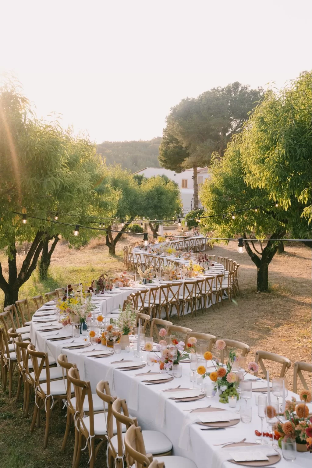 Long dinner tables arranged under orchard trees with vibrant florals at Masia Cabellut