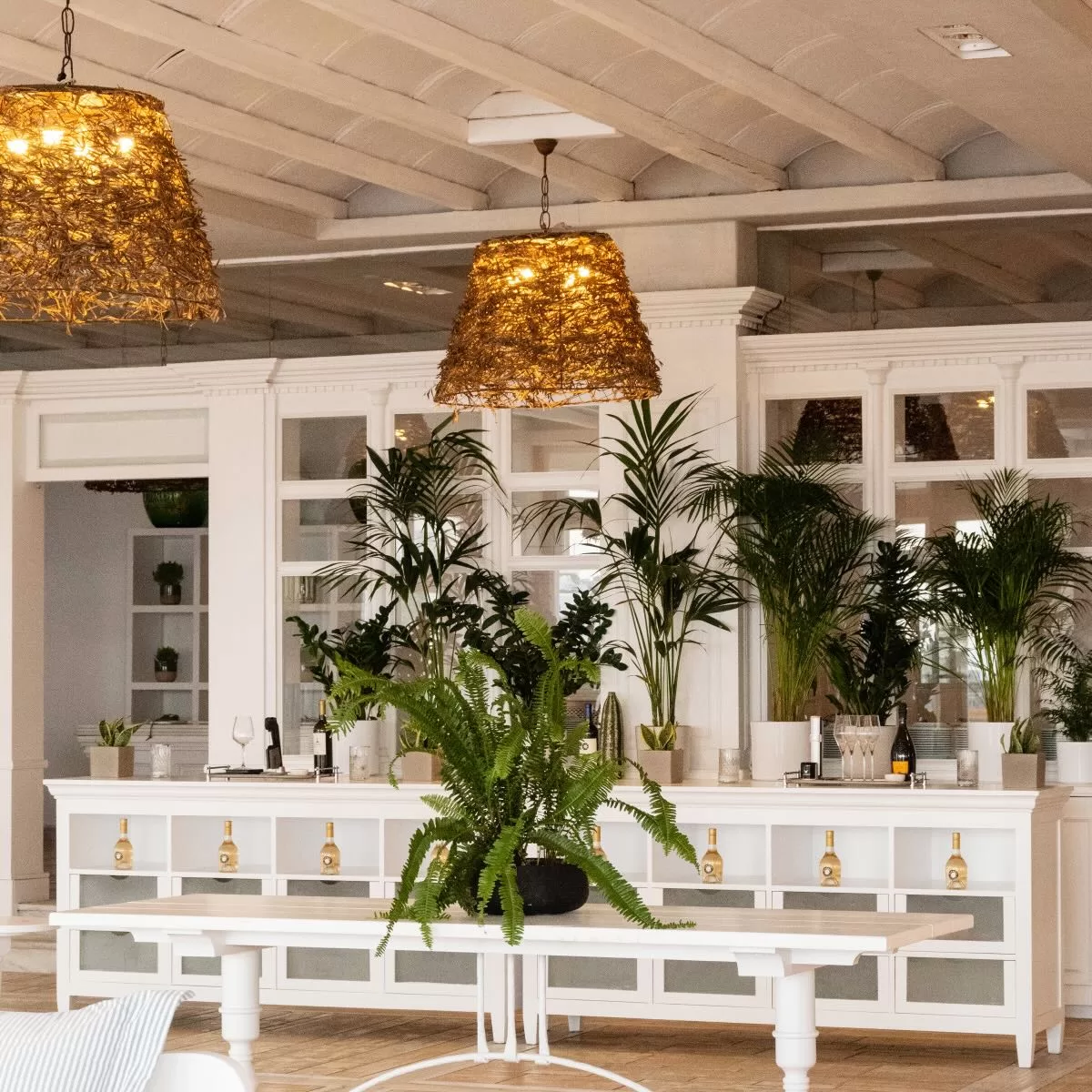 Stylish restaurant lounge at Mykonos Blu featuring tropical plants and warm ambient lighting.
