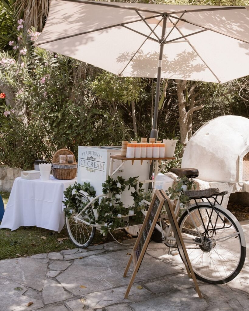 Charming wedding ice cream stand at Vasilias Nikoklis Inn, offering refreshing gelato under the Cyprus sun.