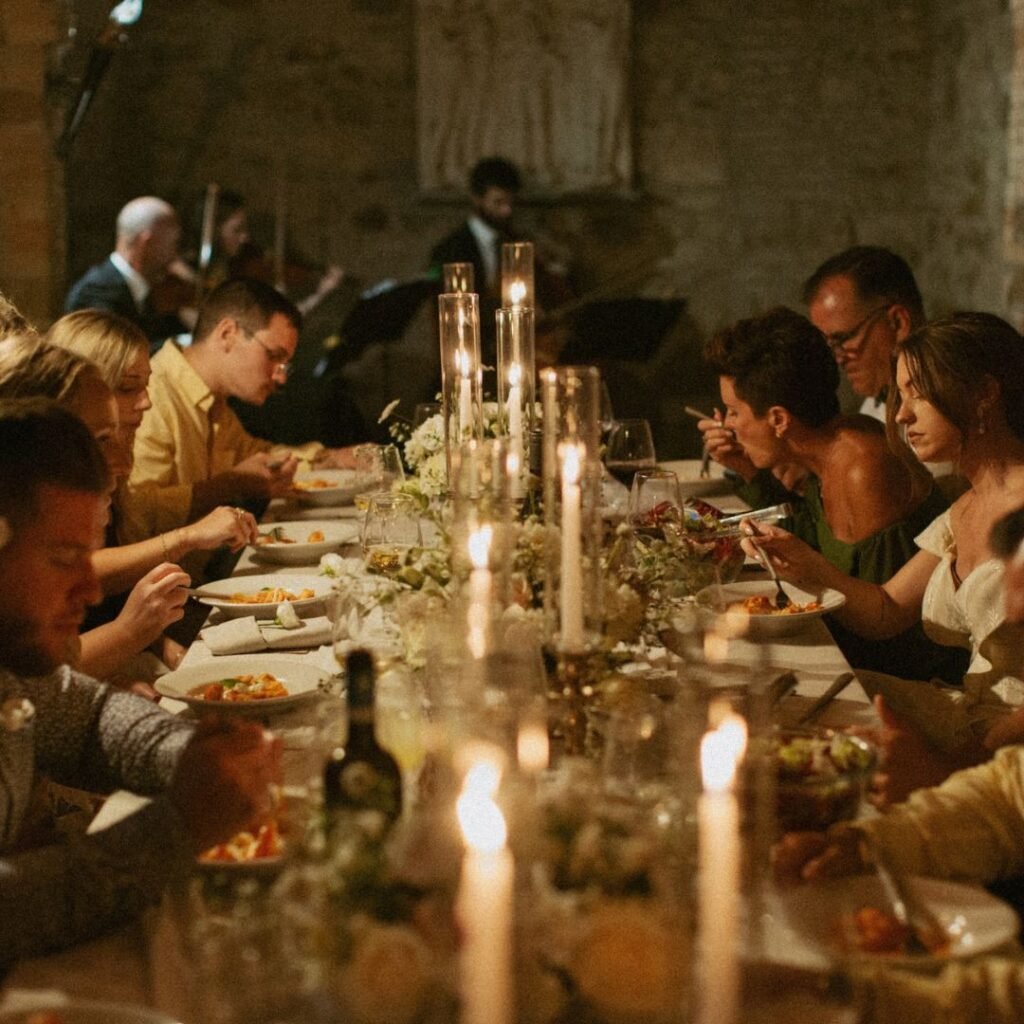 Enchanting wedding reception under string lights at Antico Convento, Italy.