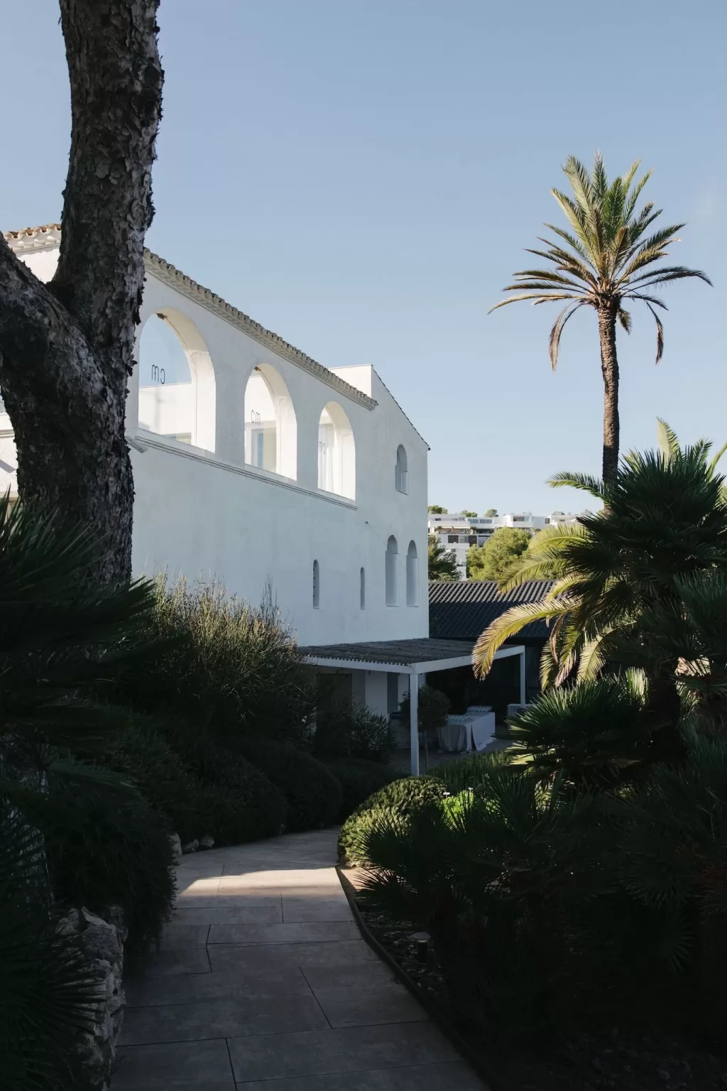 A peaceful pathway leads to the white arched facade of Masia Casa del Mar, framed by palm trees and natural greenery in the afternoon light.