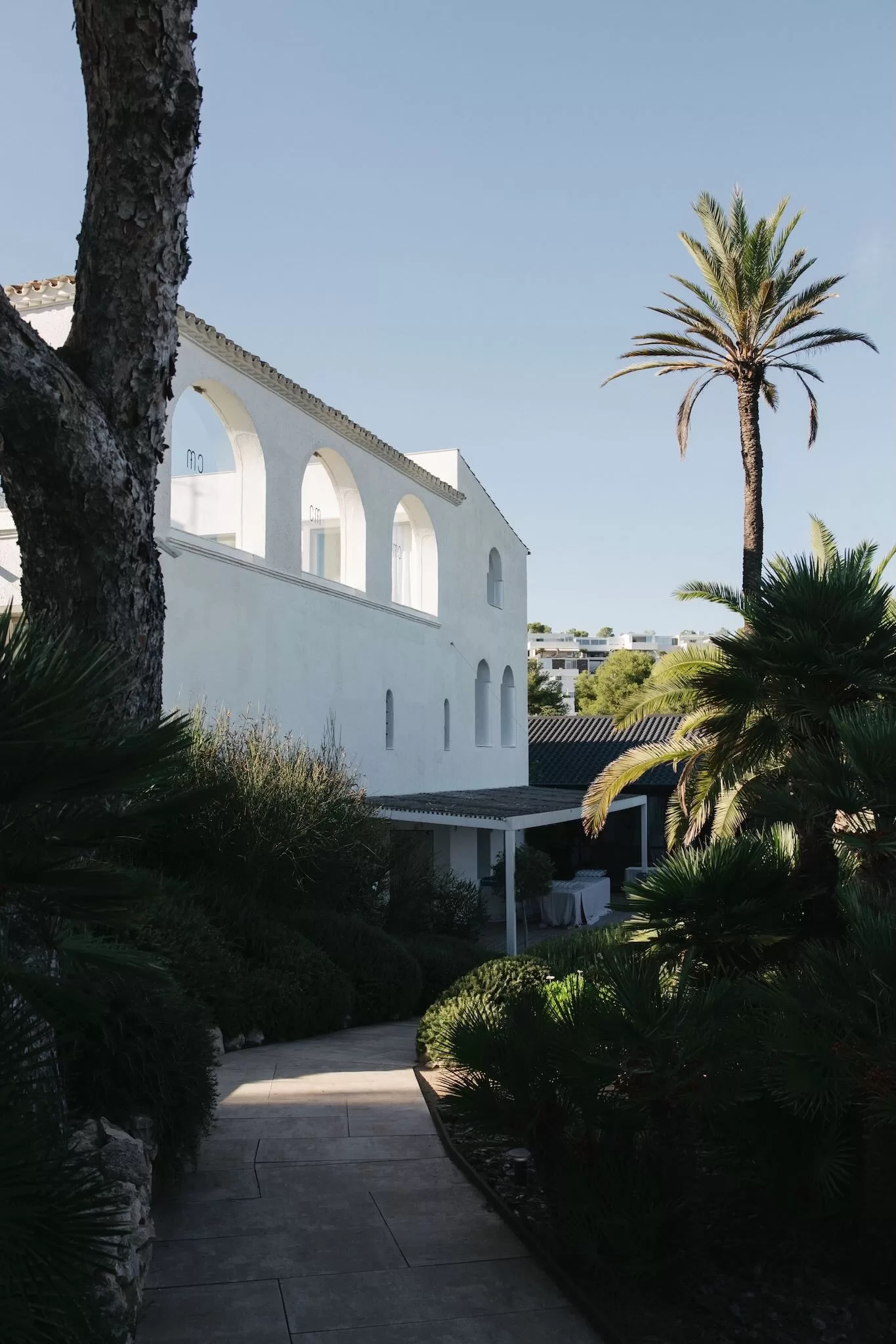 A peaceful pathway leads to the white arched facade of Masia Casa del Mar, framed by palm trees and natural greenery in the afternoon light.