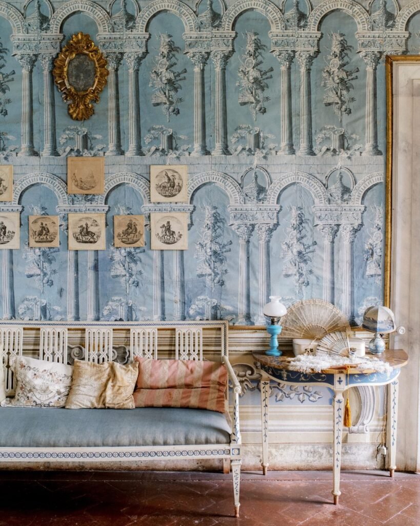 Luxurious interior bedroom at Villa di Geggiano, with refined Tuscan design and plush furnishings, photographed by Linda Nari.