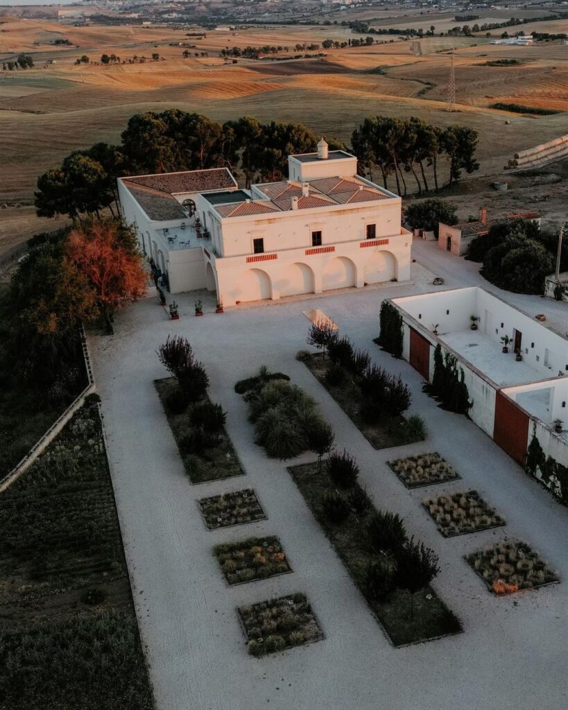 Aerial view of Masseria Fontana di Vite in Italy, showcasing the stunning venue and its picturesque surroundings.