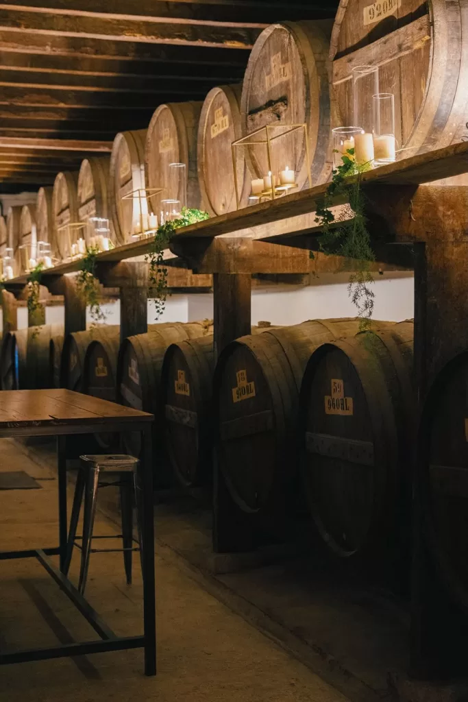 Atmospheric wine cellar with large wooden barrels and candlelit decor at Masia Aldamar