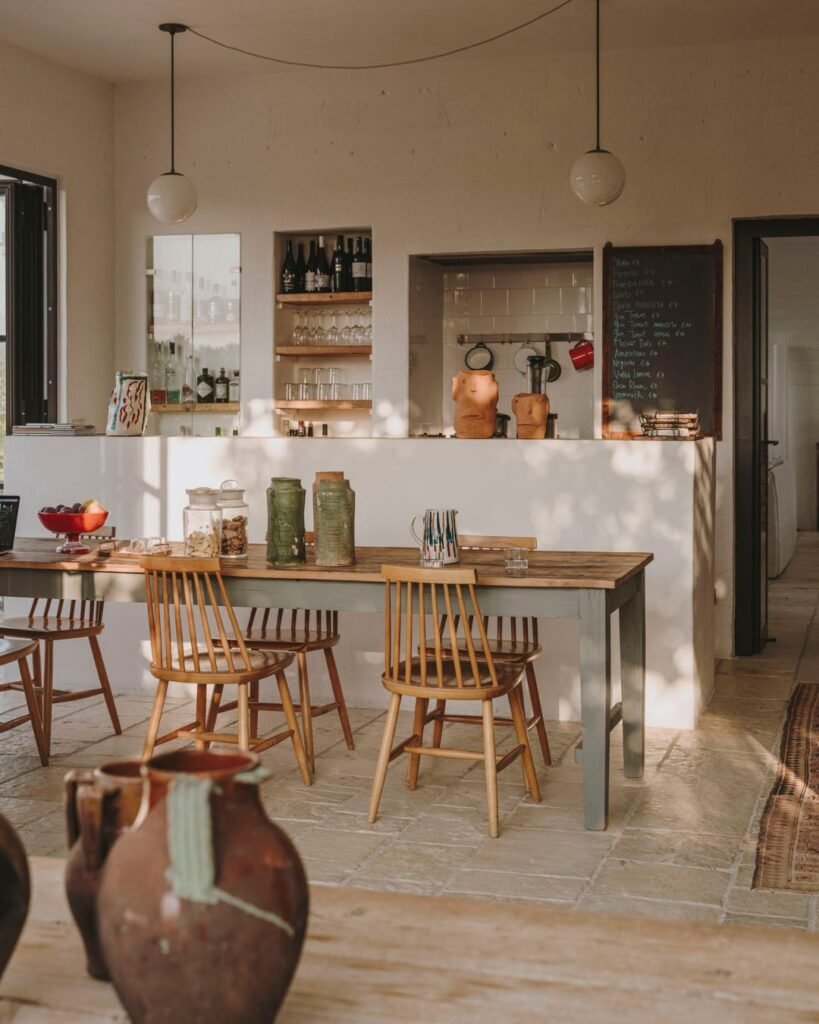 The textured stone walls of Masseria Morosetta’s interior, adding a rustic yet refined aesthetic, photographed by Salva Lopez.