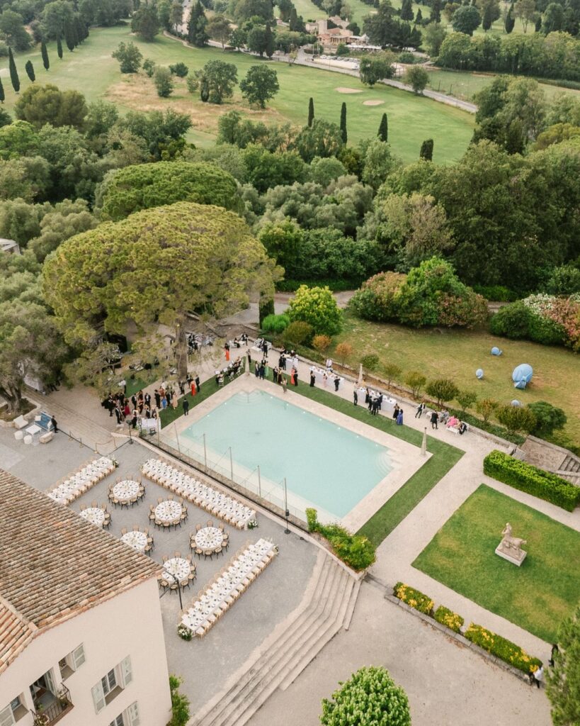 Aerial view of Bastide du Roy, showcasing its grand estate and beautifully landscaped grounds.