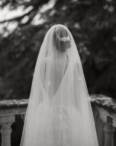 A black and white bridal portrait at Villa Donna Camilla, highlighting timeless beauty.