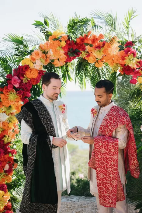 Ceremony arch with floral decorations at Masía Casa Del Mar.
