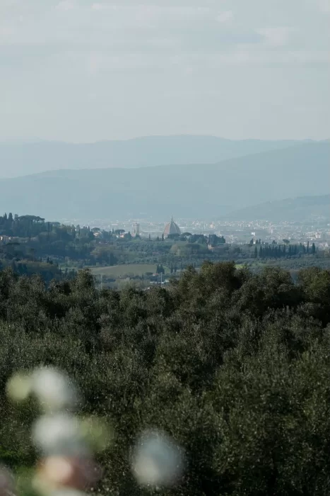 Scenic view of the Florence skyline and Duomo from Villa Medicea di Lilliano, surrounded by Tuscan hills.