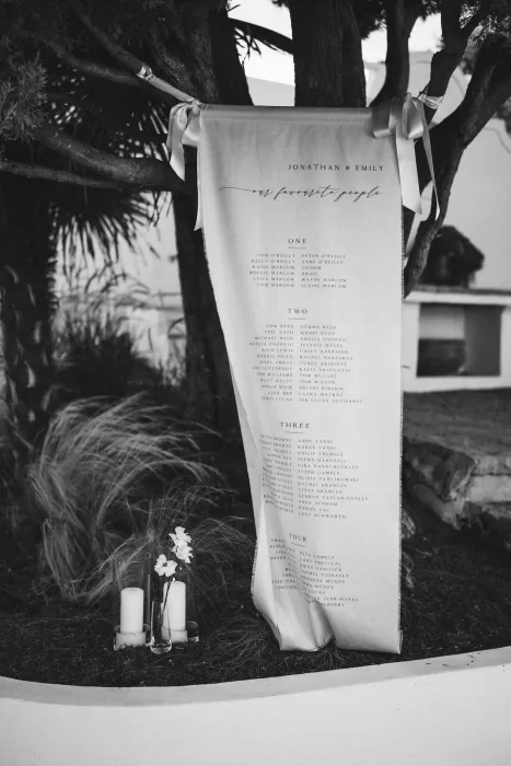 Creative seating chart banner displayed outdoors at Casa Sacoto