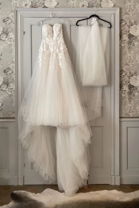 Strapless lace wedding gown and veil hanging on a classic paneled door at Château Challain.