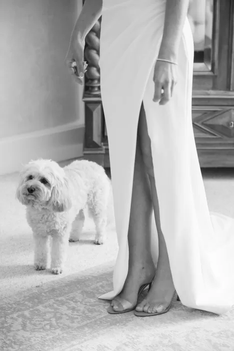 Candid moment of bride with her small dog by her side before the ceremony at Château de la Couronne.