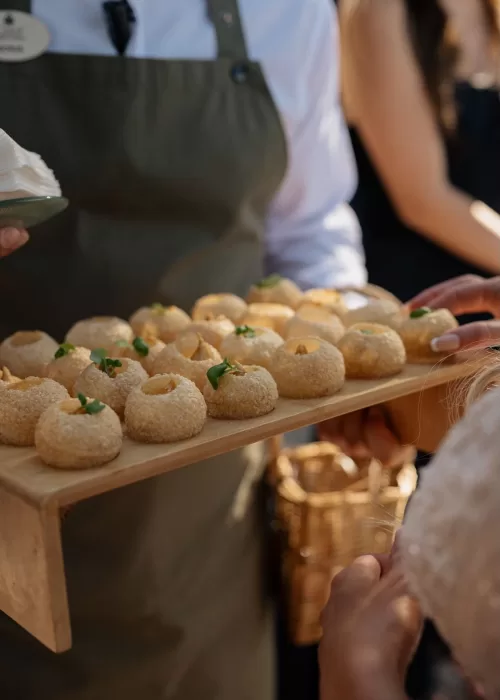 Close-up of gourmet canapés served during cocktail hour at Cigarral de las Mercedes.