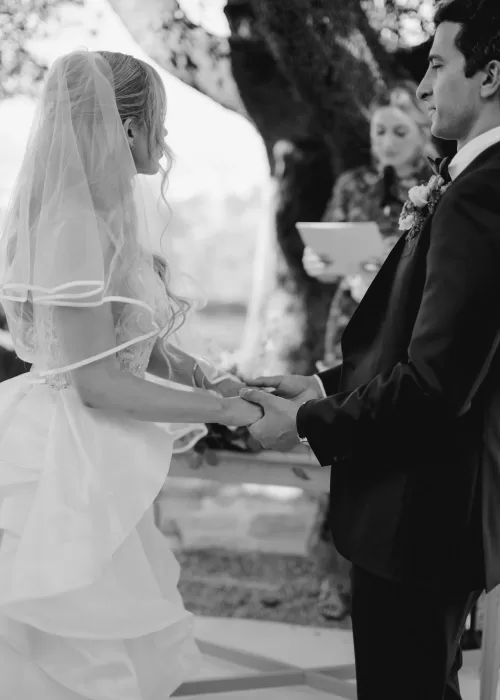 Bride and groom exchange vows under the shade of an old tree at Cigarral de las Mercedes.