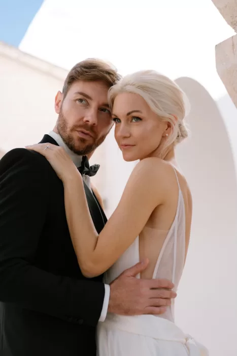 Bride and groom in an intimate close-up moment at Masseria San Giovanni