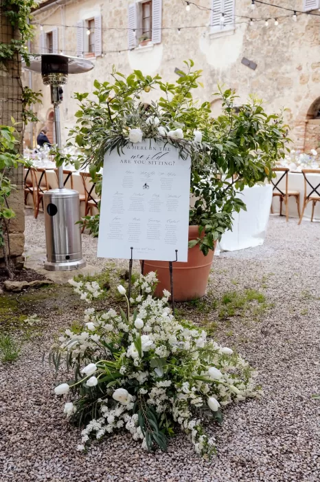 Travel-themed seating chart framed by greenery and white flowers at Borgo Sant'Ambrogio.