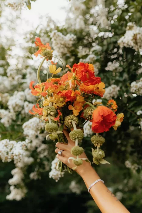Bold bridal bouquet with orange and yellow wildflowers held against white blooming trees at The Bradford NC.