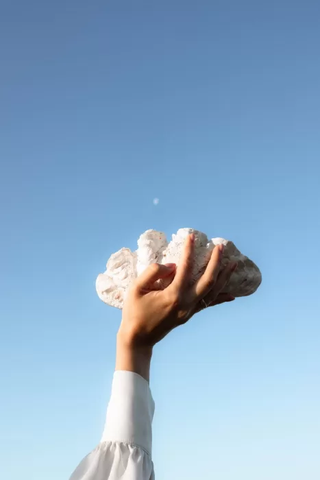 A bride lifts a textured white shell to the sky, the crescent moon barely visible in the distance.
