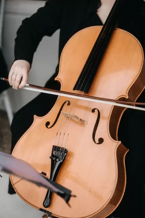 Close-up of a musician playing the cello during the ceremony at Castello di Casole.
