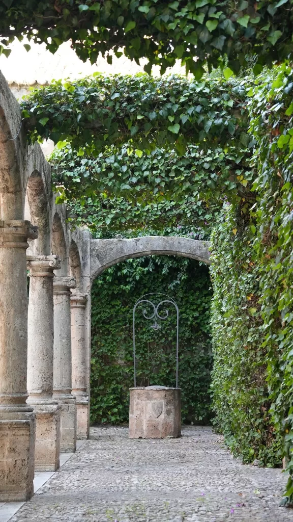 Stone well framed by ivy-covered walls and archways at Finca Es Convent.