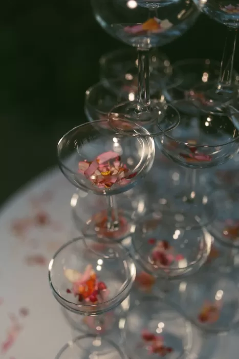 Champagne tower with coupe glasses filled with rose petals at Finca Son Collell