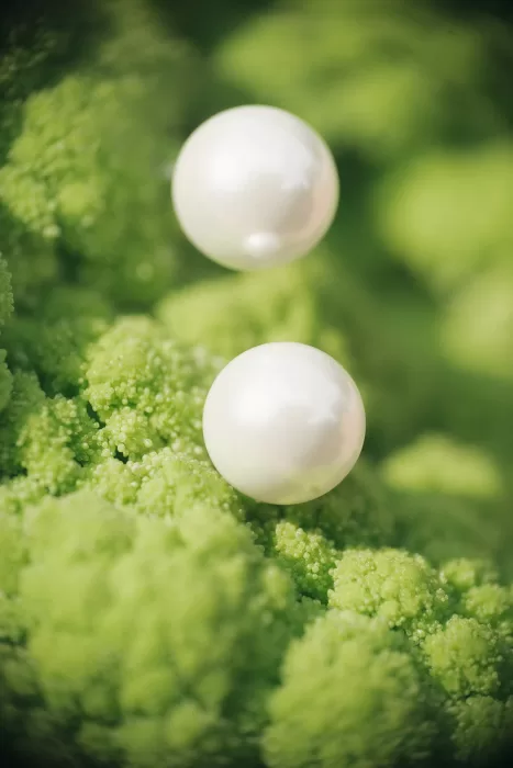 Artistic close-up of pearl earrings resting on vibrant green Romanesco broccoli.