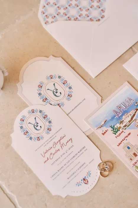 Elegant wedding invitations with floral details and monogram, photographed at Masseria Calderisi