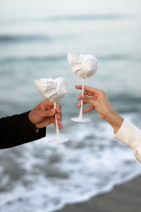 The couple clinks seashell-shaped goblets by the sea, toasting with waves softly rolling in.