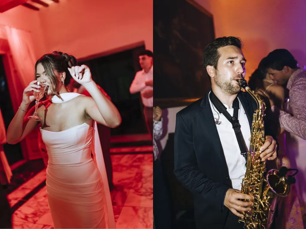 Lively evening party at Villa Ravano with the bride dancing and a saxophonist energising the crowd.
