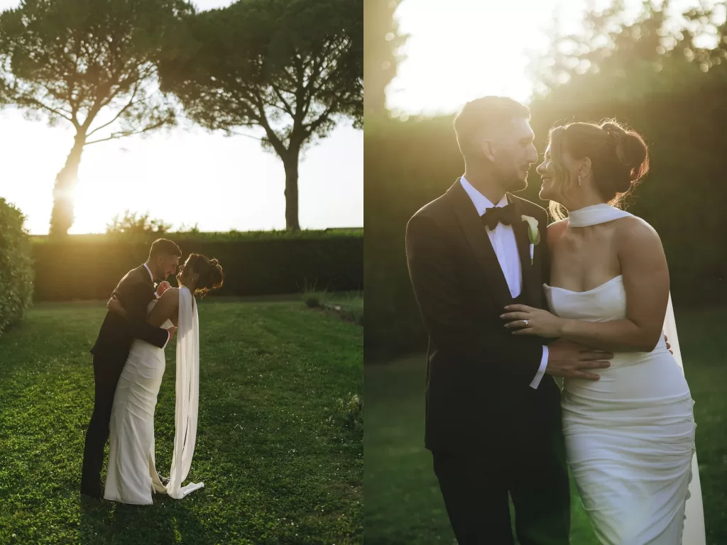 Romantic golden hour portraits of the bride and groom embracing in the lush gardens of Villa Ravano.