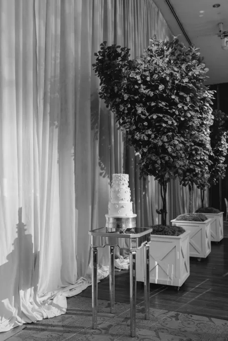 Wedding cake on a mirrored stand framed by draped curtains and greenery at Château Le Parc.