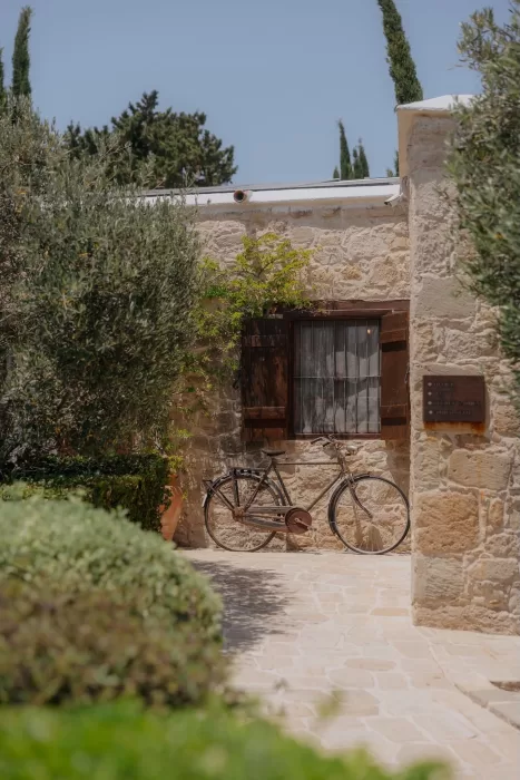 Vintage bicycle leaning against a stone wall with greenery at Liopetro.