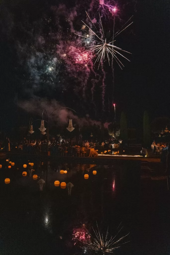 Fireworks lighting the night sky over a wedding celebration at Mas de Les Voltes.