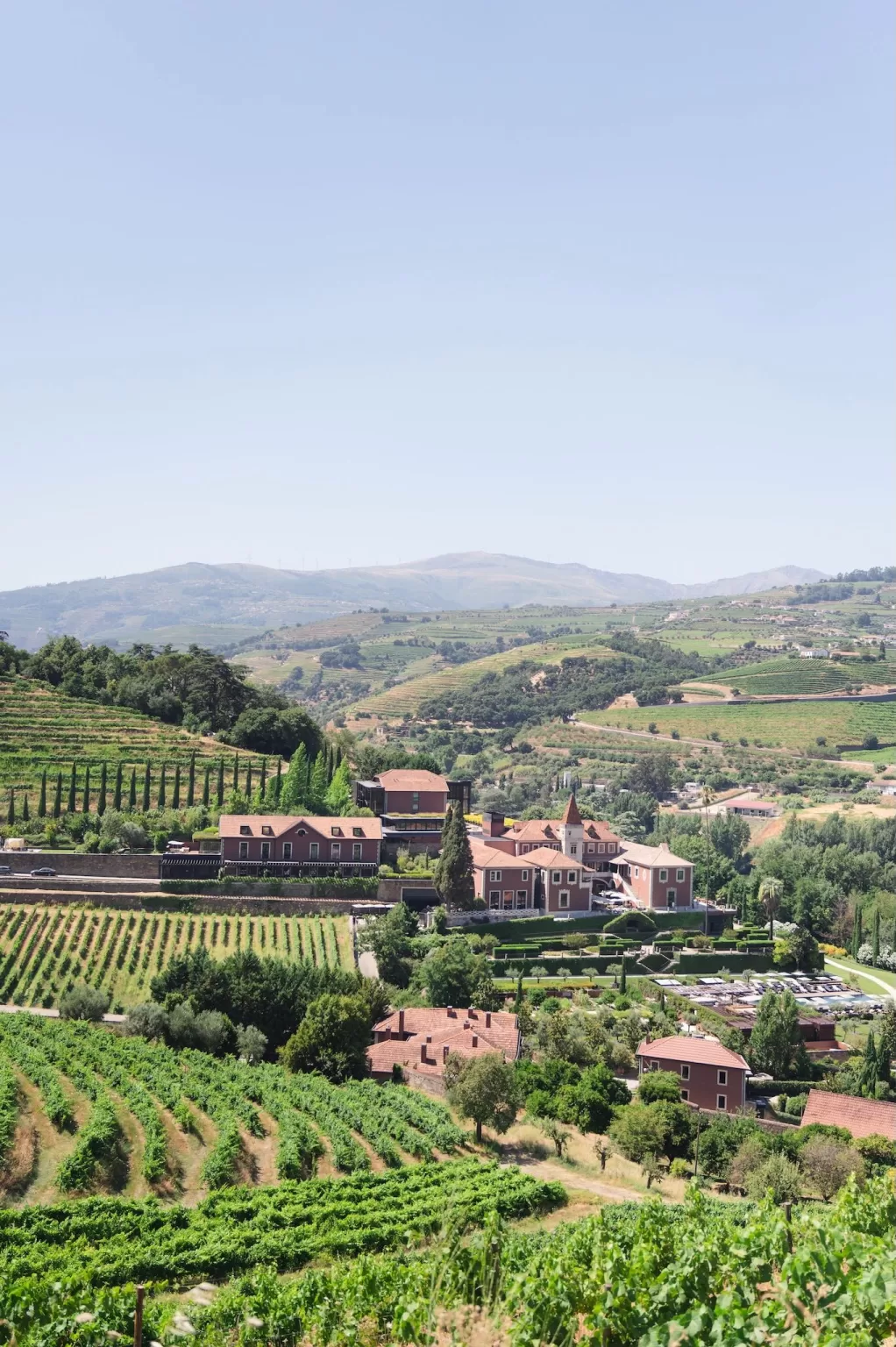 Panoramic view of Six Senses Douro Valley surrounded by vineyards and rolling hills.