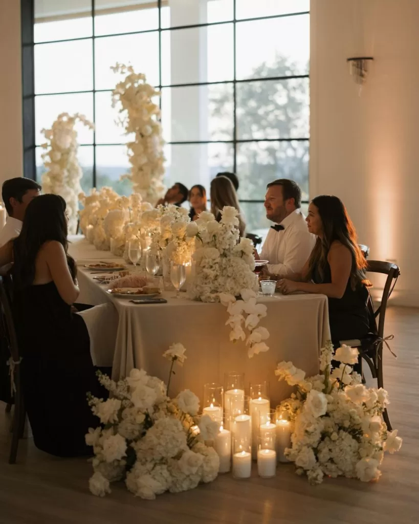 Chic wedding reception table decor at The Arlo, featuring lush florals and gold accents.