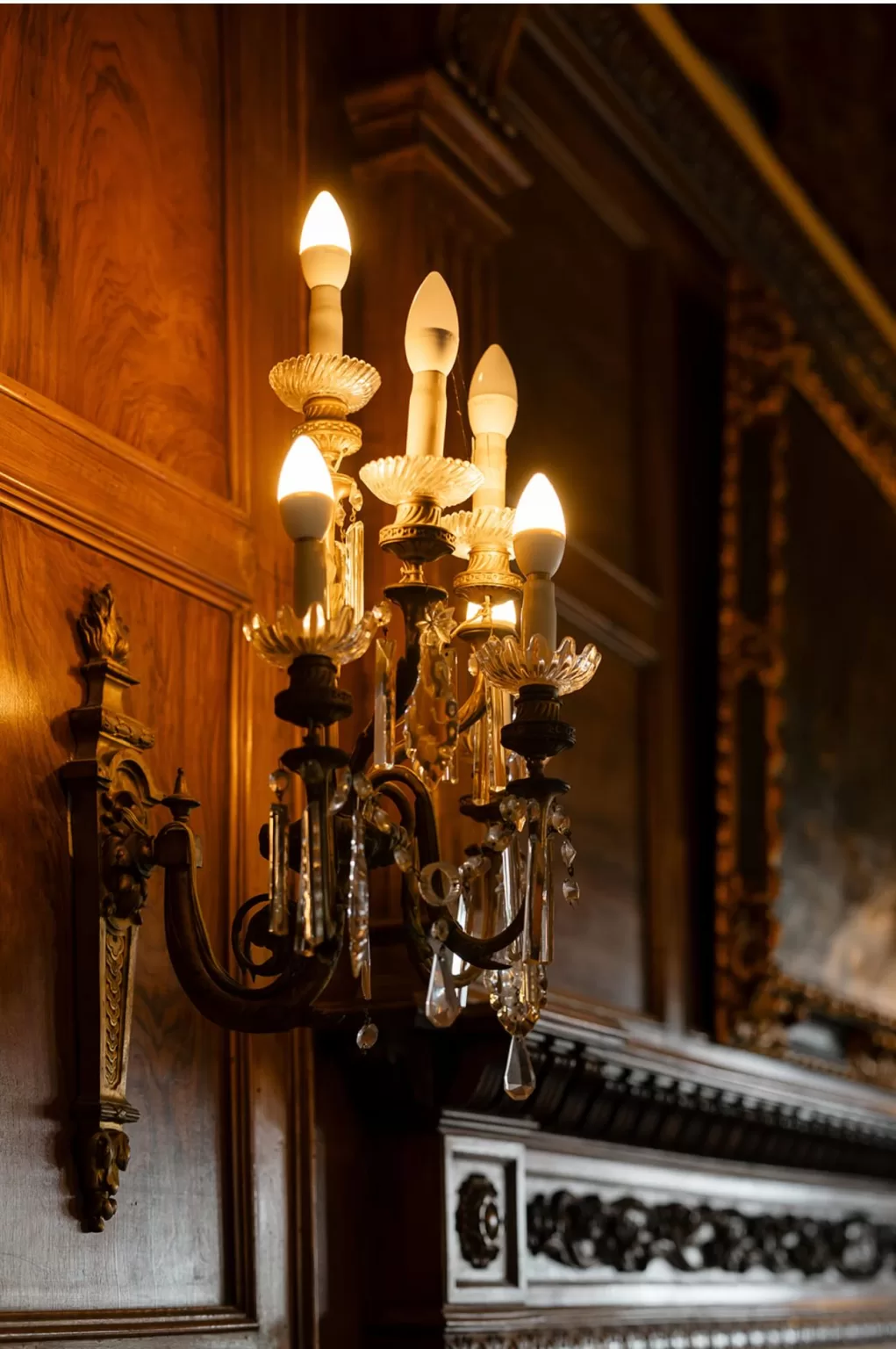 Elegant vintage chandelier detail in wedding venue, photographed by Domrose Photography.