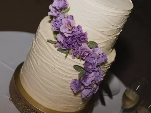 Elegant tiered wedding cake adorned with purple flowers at Vandelli Botanical Garden.