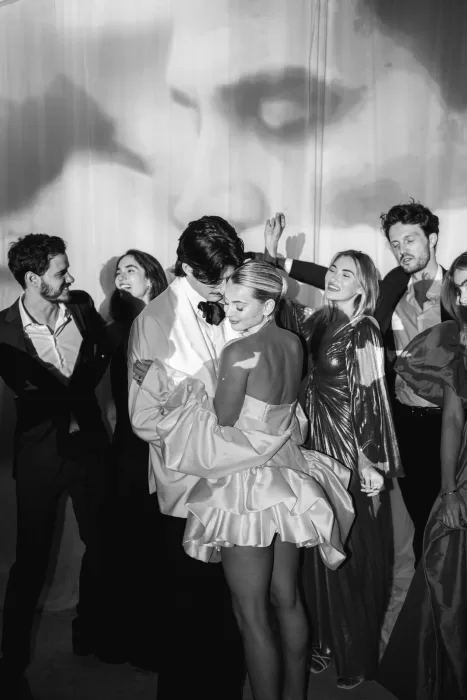 Black and white dancefloor moment at a Fontsanta wedding capturing movement, intimacy and late-night celebration.