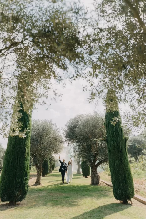 Newlyweds walking hand in hand through the olive tree aisle at Mas de Les Voltes, surrounded by Mediterranean greenery.