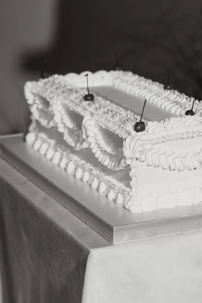 Minimalist wedding cake with piped icing and cherries, photographed in a refined black and white editorial style.