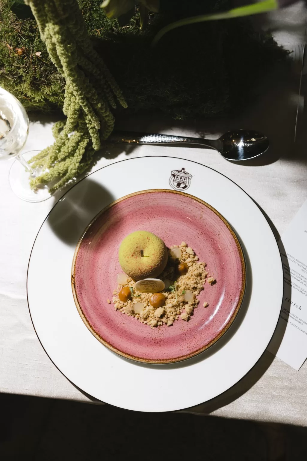 Elegant plated dessert served during the wedding reception at Boturich Castle.