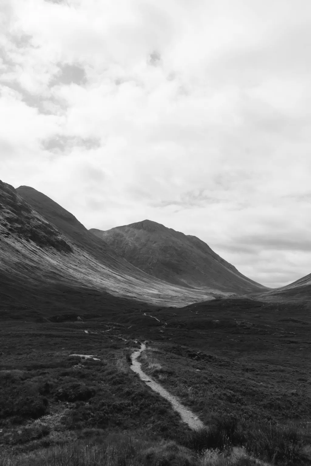 Moody Scottish landscape of rolling hills and valleys surrounding Boturich Castle.