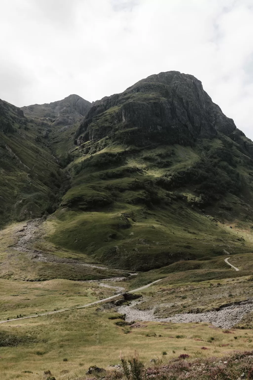 Moody Scottish landscape of rolling hills and valleys surrounding Boturich Castle.