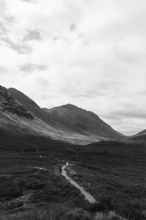 Moody Scottish landscape of rolling hills and valleys surrounding Boturich Castle.