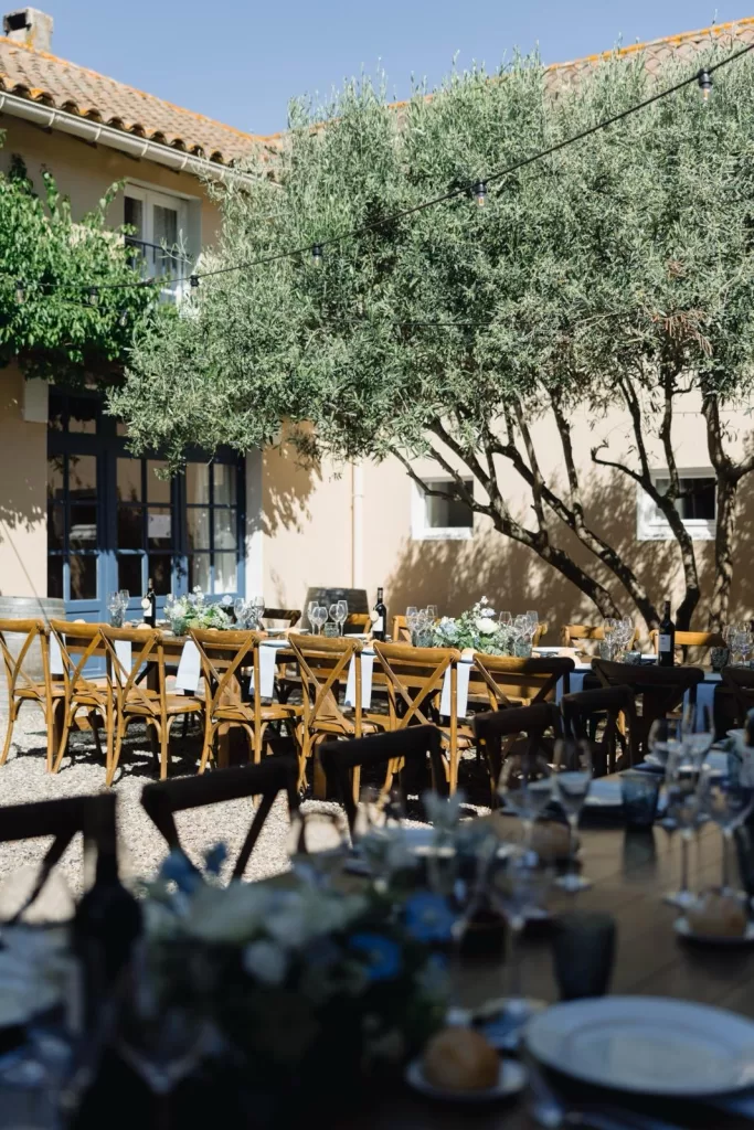 Long wedding dinner tables arranged in the courtyard of Chateau Canet beneath olive trees and soft string lighting.